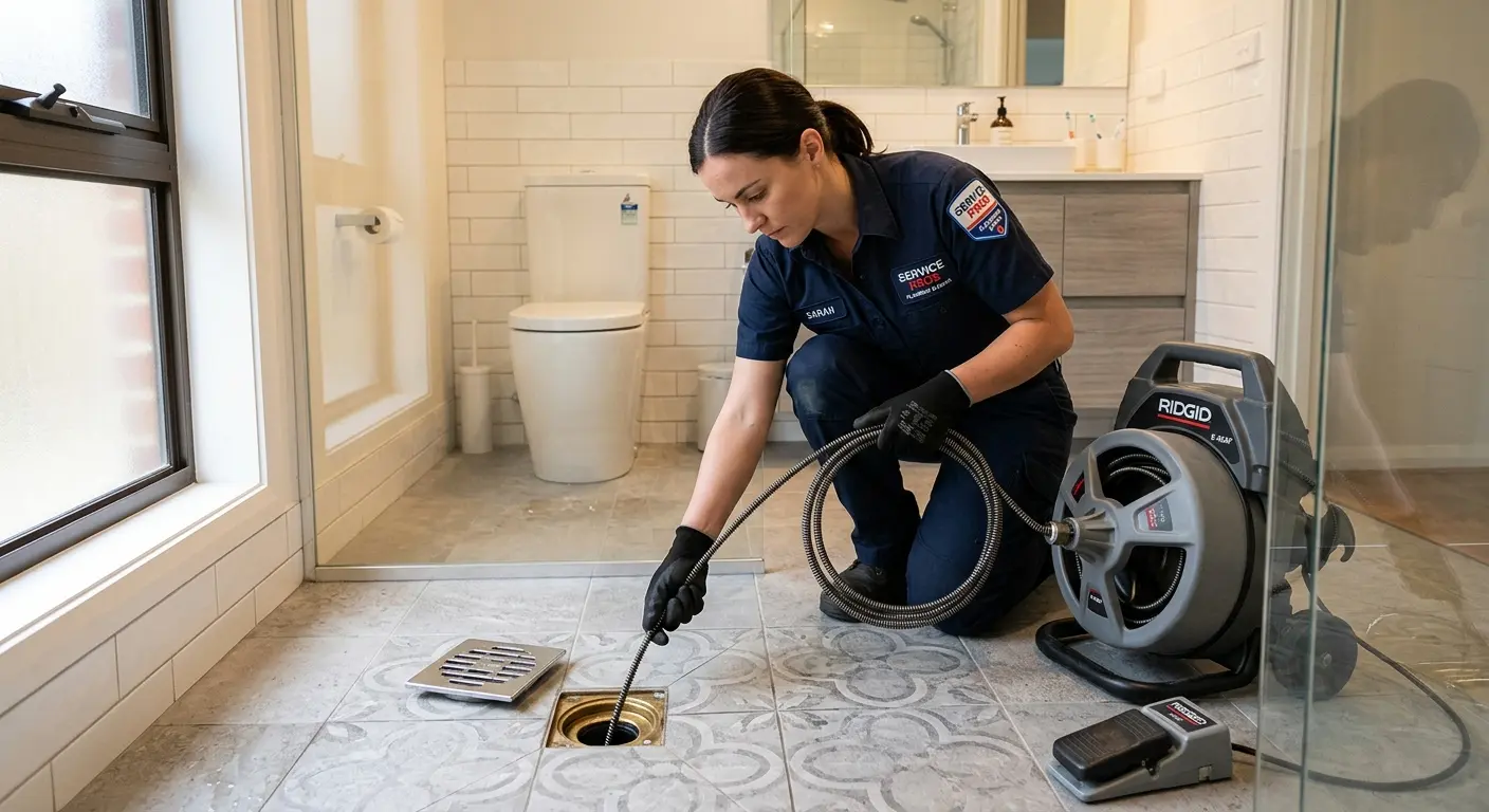 Technician clearing a bathroom floor drain for Drain Cleaning in Trenton